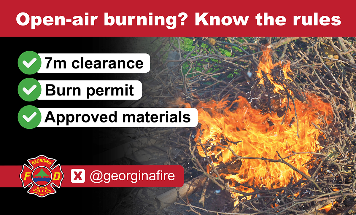 Graphic used on a Curbex sign promoting open-air burning regulations in Georgina. It features the Town of Georgina logo, a fire pit icon with a red prohibition symbol, and bold text reminding residents that a permit is required for outdoor burning.