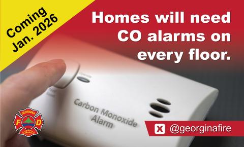 Carbon Monoxide alarm with the words: Homes will need CO alarms on Every floor Coming Jan. 2026