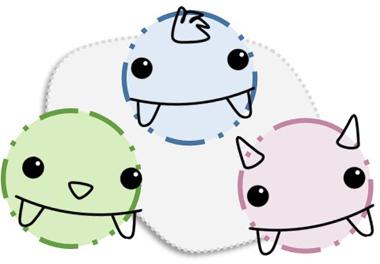 pink, blue and green yetis