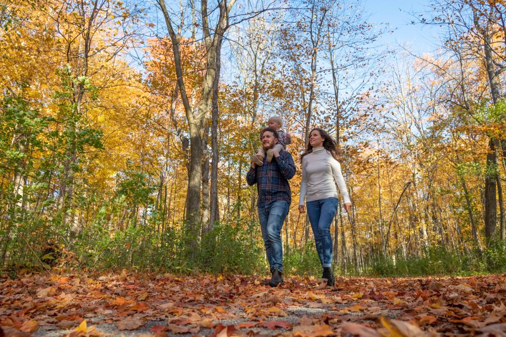 mother and father with child on shoulders walking on path with leaves on ground