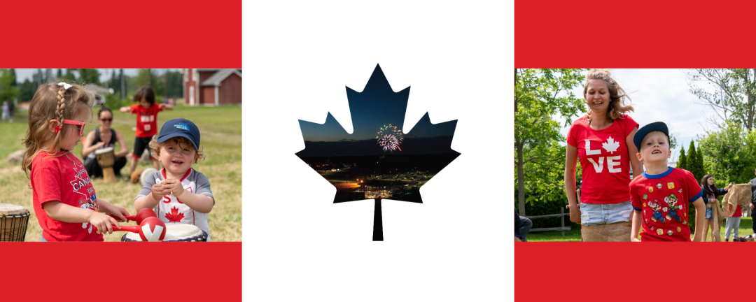 kids on Canada Day, maple leaf in middle and kids in red t-shirts