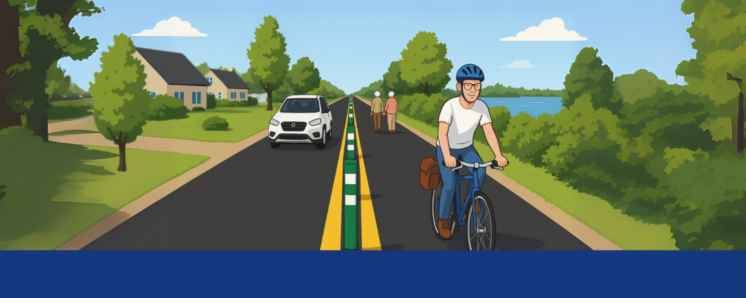 graphic image of a car on a road on left side and cyclists and pedestrians and cyclist on right side